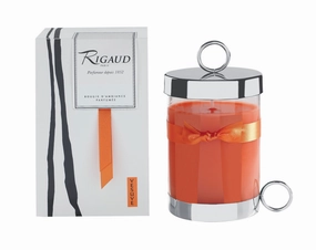 Rigaud Paris, Vesuve, Bougie D'ambiance Parfumee, Large Candle, Modele Complet - with Metal Silver Snuffer and Metal Silver Base, Orange, 90 Hours Burn Life